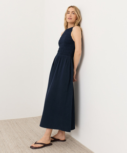 Robe smockée pour femme, longueur midi, de haute qualité, en gaze double biologique, avec col rond et poches - Product Image 3