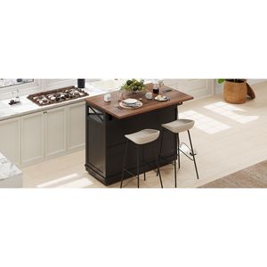 K K 46.5 Farmhouse Style Kitchen Island with <b>Beaded</b> Drape Power Outlet Rolling Cart on Wheels Drop Leaf & 3 <b>Doors</b> - Product Image 4