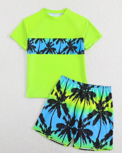 Tropical Palm Print Boys Swim Set Green Short Sleeve Top and Shorts Casual Summer Outfit - Product Image 4