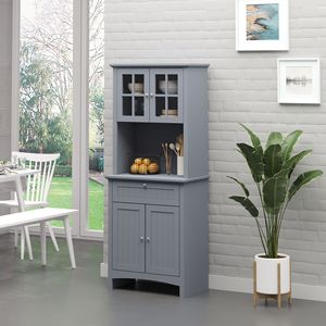 Space Gray Freestanding <b>Kitchen</b> Buffet with Hutch <b>Sideboard</b> <b>Cabinet</b> with Cupboard Doors Shelves Drawer Microwave Space Storage - Product Image 2