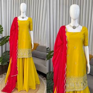 VISHNU K DESIGNS KD-1581 Ensemble Sharara Dupatta Haut de Gamme en Soie Crêpe Naturelle avec Broderie de Fil et de Paillettes Très Détaillée, Style Vintage pour Soirée - Product Image 3