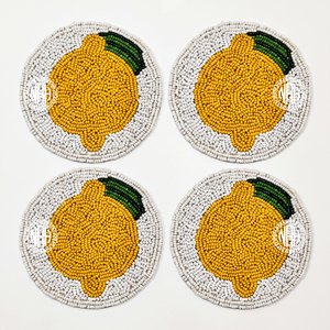 Beaded Lemon Coasters Set of 4 Yellow Citrus Glass <b>Seed</b> Bead Drink <b>Mats</b> Mediterranean Barware Table Decor Wholesale Sourcing - Product Image 1