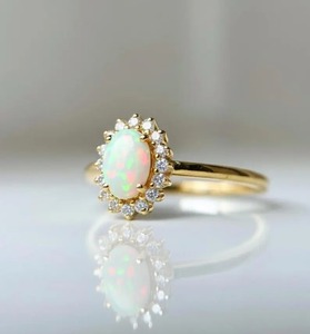 White <b>Opal</b> Halo <b>Engagement</b> <b>Ring</b>-Trendy 18K Gold Plated Silver <b>Ring</b> with Prong Set Round Brilliant Cut Diamonds - Product Image 1