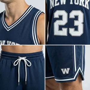Ensemble d'uniformes de basketball classiques personnalisés de haute qualité pour hommes, maillot et short en maille épaisse bleue - Product Image 4