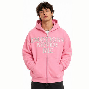 Sweat-shirt rose oversize à fermeture éclair avec imprimé lettres pailletées, unisexe, en molleton bouclette, style streetwear automne - Product Image 4