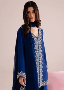 Ensemble Kurta en soie bleu marine brodé pour femme avec pantalon Palazzo, tenue traditionnelle indienne et pakistanaise pour les fêtes, coupe ample longue jusqu'au sol - Product Image 3