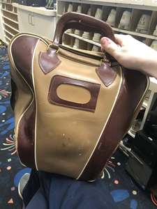 Vintage <b>Bowling</b>-Shaped Genuine Leather Handbag With Stripe Panel Design Zip Closure Two Handles Unisex Daily Use - Product Image 4
