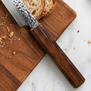 Custom Handmade Eco-Friendly Dishwasher Safe Forged <b>Bread</b> <b>Knife</b> in Damascus Steel with Wooden Handle and Leather Sheath - Product Image 2