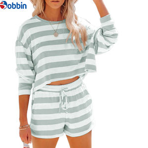 ชุดเซ็ตฤดูร้อนลายทางพิมพ์โลโก้ตามสั่ง คอกลม แขนยาว ชุดลำลองใส่สบายๆ ชุดนอนผ้าถักสำหรับผู้หญิง ผ้าฝ้าย - Product Image 4