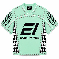 Camiseta de Lujo Personalizada con Tachuelas Estilo Urbano Y2K Cyber Racing, Estampado por Sublimación, Diseño Oversize de Llamas y Cuadros