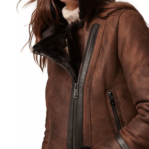 Women's Genuine Leather <b>Racer</b> <b>Jacket</b> Solid Color Zipper Closure Sherpa Lined Autumn Winter Outerwear Regular Length Full Sleeve - Product Image 4