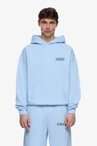 เสื้อฮู้ดดี้สีฟ้าอ่อนแบบเรียบสำหรับผู้ชาย พร้อมโลโก้สั่งทำ และกางเกงวอร์มขายาวเข้าชุด ชุดวอร์มแบบ OEM ODM ขายส่งเสื้อผ้า - Product Image 2