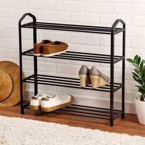 Four Tier Black Metal Shoe Rack Tubular Frame Slatted Shelves Compact Organizer Storage <b>Stand</b> with Boxes - Product Image 2