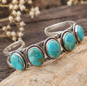Bracelet manchette en argent avec cinq pierres de turquoise Kingman pour femme, bijoux du sud-ouest, cadeau pour elle, vente en gros - Product Image 6