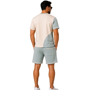 Sage Green And Beige Mens <b>T</b> <b>Shirt</b> Shorts Set Crew Neck Short Sleeve Pocket Top Cargo Drawstring Shorts Casual Sportswear Summer - Product Image 2