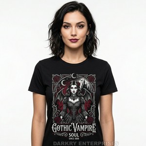 T-shirt pour femme Vampira Nocturna, « Boucle de la Nuit », noir, motif artistique Dark Legend, fabrication sur mesure, vente en gros, hauts de boutique - Product Image 3
