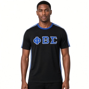 Camiseta de Manga Corta para Hombre, Color Azul Rey Oscuro, Cuello Redondo, con Bordado de Letras Griegas, Franja en Contraste, para Fraternidad Universitaria - Product Image 1