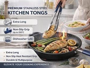 Stainless Steel Heavy Duty <b>Kitchen</b> <b>Tongs</b> 25 cm Heat Resistant Blue Handle | Multipurpose Cooking BBQ Serving <b>Tongs</b> for Food | - Product Image 4