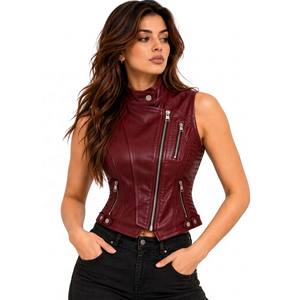 Women's Burgundy Genuine Leather Vest Custom Sleeveless Motorcycle Biker Moto Riding <b>Waistcoat</b> Premium Leather Streetwear Jacket - Product Image 1