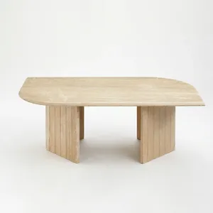 Table basse vintage en cuir avec plateau asymétrique en pierre de travertin beige et pieds en dalles cannelées, meuble de salon moderne, décoration - Product Image 1