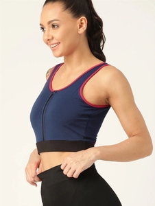 Sujetador deportivo azul marino para mujer con ribete rojo y cierre de cremallera frontal para yoga, fitness, entrenamiento, ropa deportiva - Product Image 1