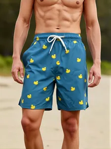 Bañador azul con estampado de pato de dibujos animados para hombre, con cordón en la cintura y bolsillos, pantalones cortos de playa de secado rápido - Product Image 3