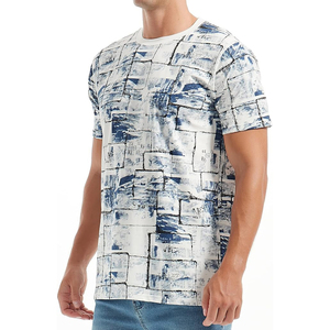 Navy Blue White Abstract Sketch Block Washed Print Short Sleeve Crew Neck Casual Men T <b>Shirt</b> - Product Image 2