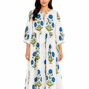 Beautiful Floral Hand Block Printed Cotton Dress White 3/4 Sleeves Casual Wear for Women-Indus <b>Art</b> & Emporium Summer - Product Image 1