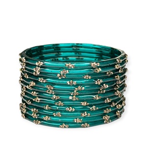 Deep Sea Blue Emerald Cut Raindrop Glass Kashmiri <b>Bangles</b> <b>Set</b> with Gold Plated Stone Work for Wedding and Festive Wear - Product Image 2