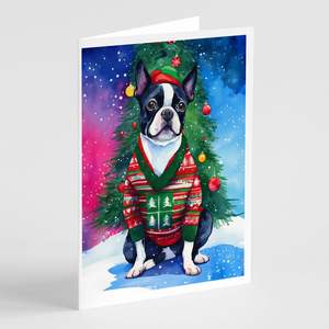 Whimsical Boston Terrier Tarjetas de felicitación de Navidad Paquete de 8 A7 Tamaño 5x7 Tarjetas de notas en blanco con sobres - Product Image 1