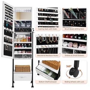 Gabinete de espejo LED blanco con estilo de piso de madera Espejo completo y 1 Cajón Grande 4 ruedas Cuentas de luz blanca para almacenamiento de joyas - Product Image 2