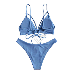 Women's Ribbed Two Piece Bikini Set Crossed Halter Top Thong Bottom Solid Blue Swimwear <b>Stretch</b> Beachwear Bikini Sets - Product Image 4