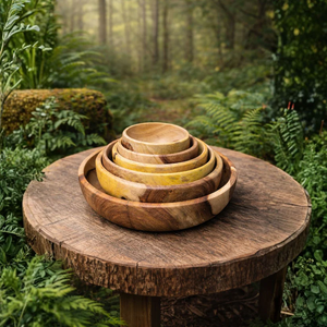 Ensemble de bols en bois de Sheesham de luxe moderne faits à la main (lot de 6) – Pièce unique (sans joint) – Bois massif finition naturelle - Product Image 1