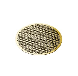 Round brass coaster with embossed floral motifs and <b>small</b> dotted accents, handcrafted <b>mat</b>, available at wholesale prices. - Product Image 2