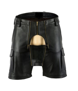 Shorts en cuir noir pour homme, taille mi-haute, fermeture éclair, poches cargo, style motard - Product Image 1
