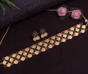 High Quality Matte Finish Gold Plated Copper Alloy Coin Choker <b>Set</b> Synthetic Stone Temple Women's <b>Indian</b> Ethnic Jewelry <b>Sets</b> - Product Image 3