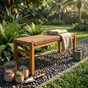New Modern Minimalist Ciaro Wooden <b>Bench</b> Natural Solid Teak Wood Red Pulut Rattan Webbing Long <b>Bench</b> Dining Chair Patio Garden - Product Image 5