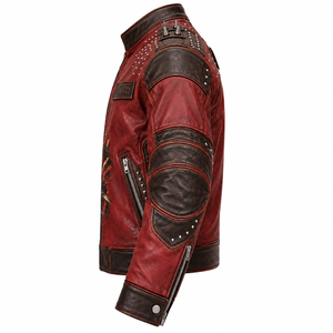 Blouson en cuir rouge vieilli pour homme, style punk rock, avec motif loup, clouté et à pointes, veste de motard, production en gros sur mesure OEM ODM en usine - Product Image 4