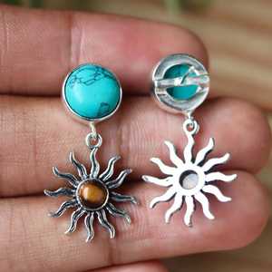 Wholesale Turquoise Tiger Eye <b>Sun</b> Earrings 925 Sterling Silver Handmade Celestial Gemstone Dangle Earrings for Women - Product Image 1