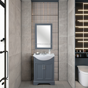 Meuble-lavabo moderne en bois massif à poser au sol pour petite salle de bain avec vasque intégrée, 24 pouces, pour hôtel, garantie 1 an - Product Image 1