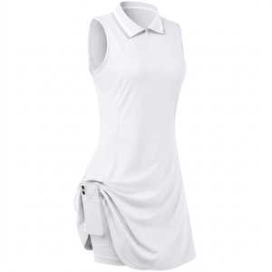 Robe de golf sans manches pour femme, col polo, bleu clair, couleur unie, tissu tricoté à séchage rapide, style décontracté et sportif - Product Image 2