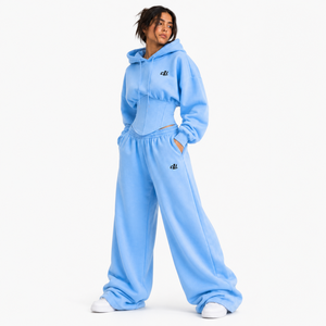 New Fashion Corset Waist Blue <b>Cropped</b> Pullover Hoodies Oversized Tracksuit Custom Logo Premium Cotton Fleece Matching <b>Joggers</b> - Product Image 4
