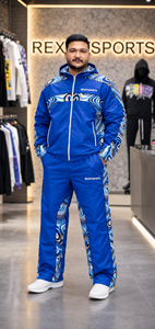 REXFIT SPORTS 2026 Ensemble de survêtement personnalisé pour homme en nylon bleu, veste à capuche entièrement zippée et pantalon avec empiècements imprimés, vêtements de sport personnalisés - Product Image 2