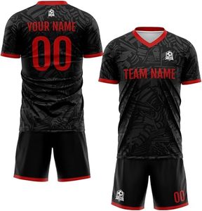Maillot de football personnalisé sublimé pour homme, noir et rouge, col en V, manches courtes, 100 % polyester respirant, nom de l'équipe imprimé, toutes saisons - Product Image 4