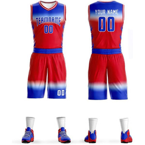 Ensemble d'uniformes de basketball personnalisés par sublimation, maillot d'équipe sans manches, dégradé rouge et bleu, 100 % polyester, unisexe adulte, anti-humidité - Product Image 1
