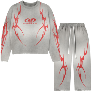 Conjunto de Pantalones Deportivos Grises con Cordón para Hombre, Estampado Tribal Rojo, Dobladillo Deshilachado, Suéter Tejido Transpirable, Suéter Vintage con Cuello Redondo - Product Image 1