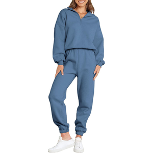 Ensemble de survêtement décontracté d'automne pour femme en molleton, imprimé, à manches longues, épaules tombantes, couleur unie, deux pièces - Product Image 5