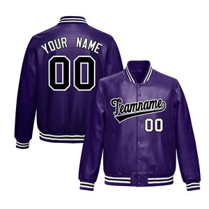 Blouson unisexe en cuir PU noir style denim avec nom et numéro personnalisés, bordure violette, style décontracté, coupe-vent, demi-zip, broderie, idéal pour l'hiver - Product Image 4