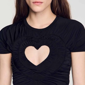 <b>Women's</b> <b>Black</b> Heart Hollow Out <b>Crop</b> <b>Top</b> Short Sleeve O-Neck Knitted Slim Spring Summer T-Shirt - Product Image 3