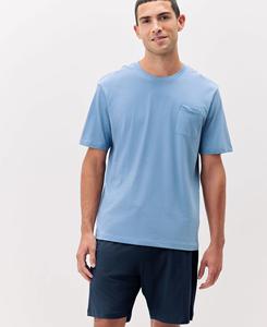 T-shirt décontracté d'été pour homme, col rond, manches courtes, bleu clair, avec poche, en coton uni, qualité supérieure, faible MOQ - Product Image 1